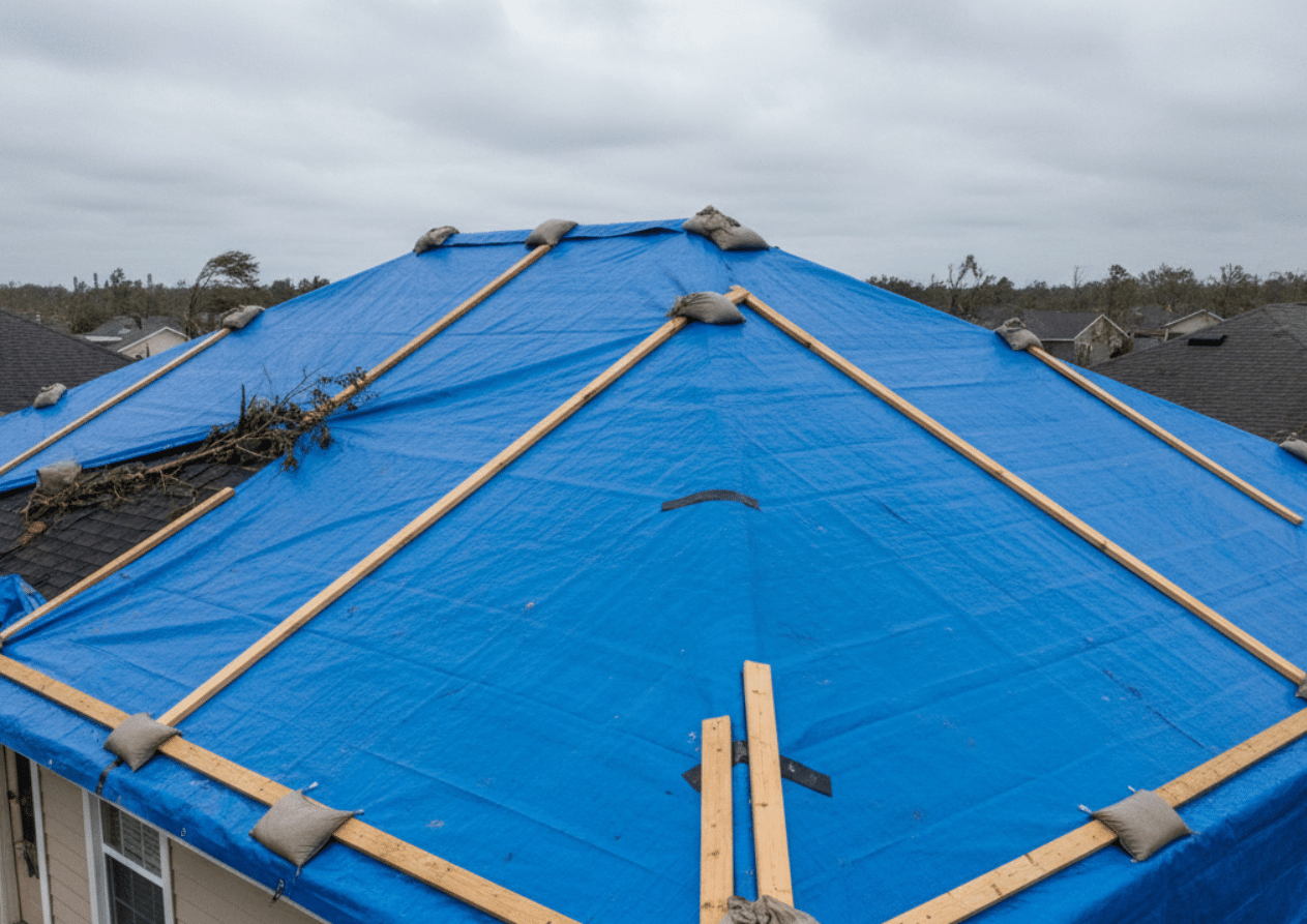 roof covered with a tarp after storm damage to prevent further water intrusion