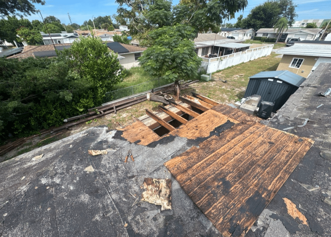 drone shot of damaged roof