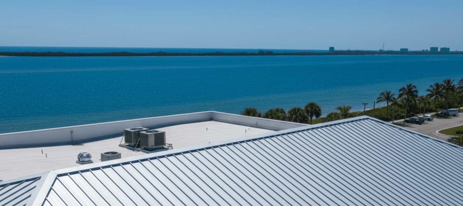 metal standing seam roof on a commercial building installed by a Panama City commercial roofing company