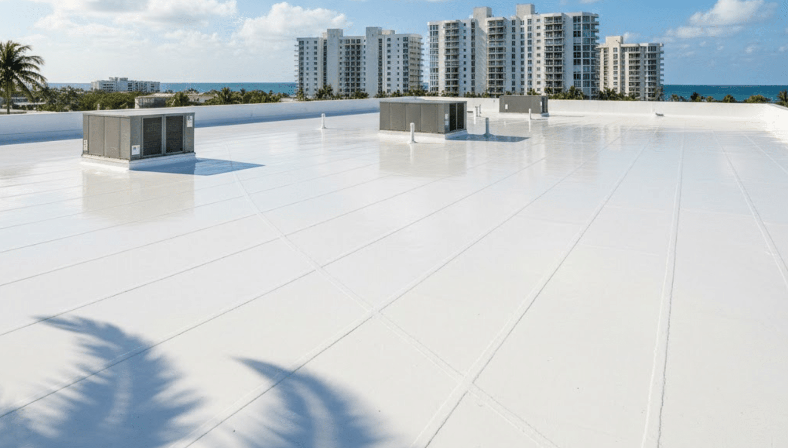 bright, sunny view of a reflective roofing system