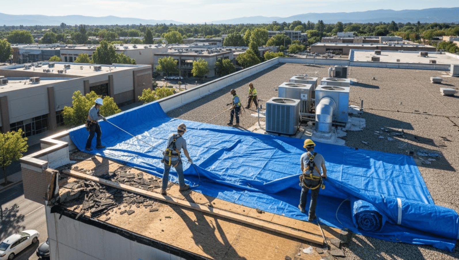 emergency tarping of a commercial building