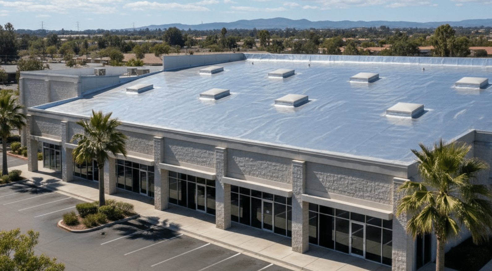 commercial complex with newly-restored flat roof