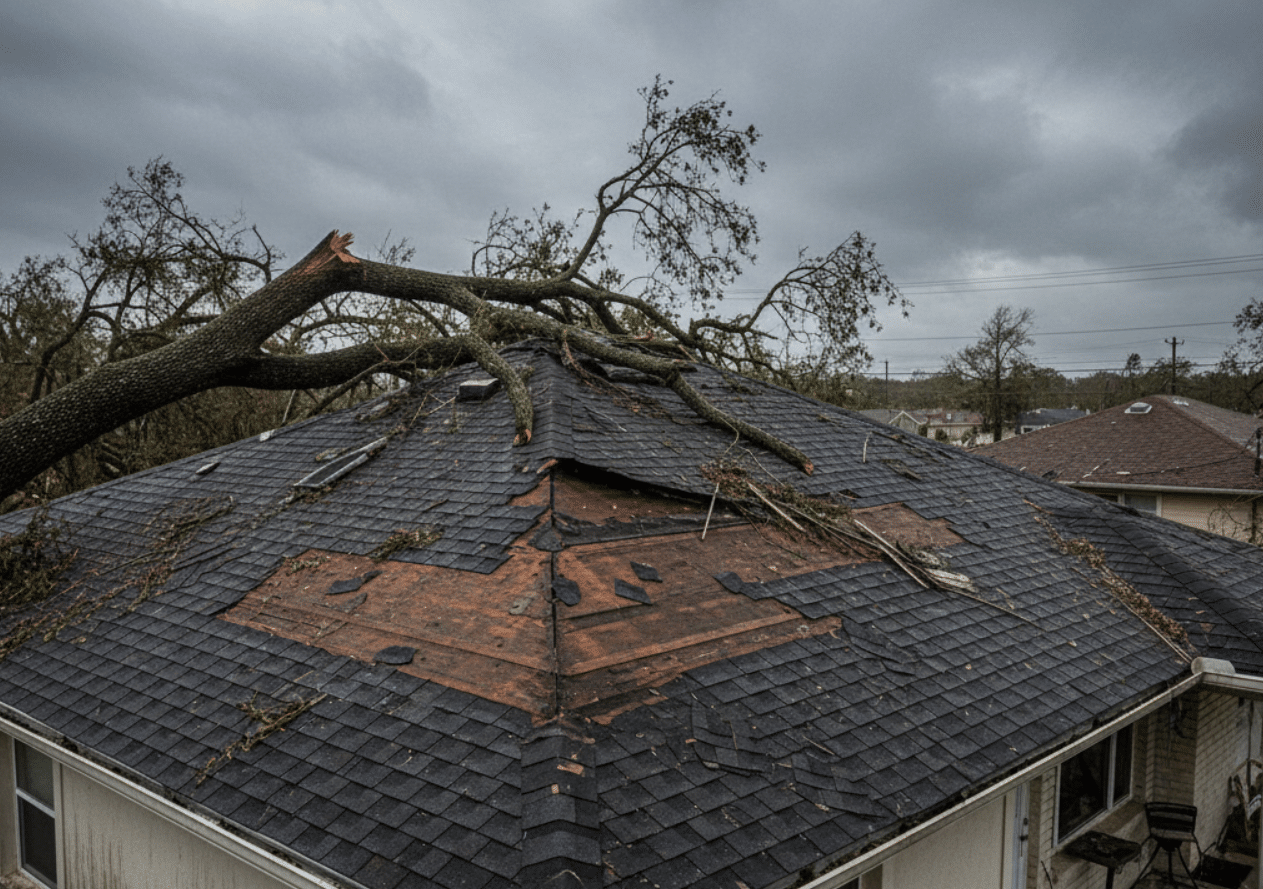 A roof with missing shingles and visible damage from a recent storm or hurricane.