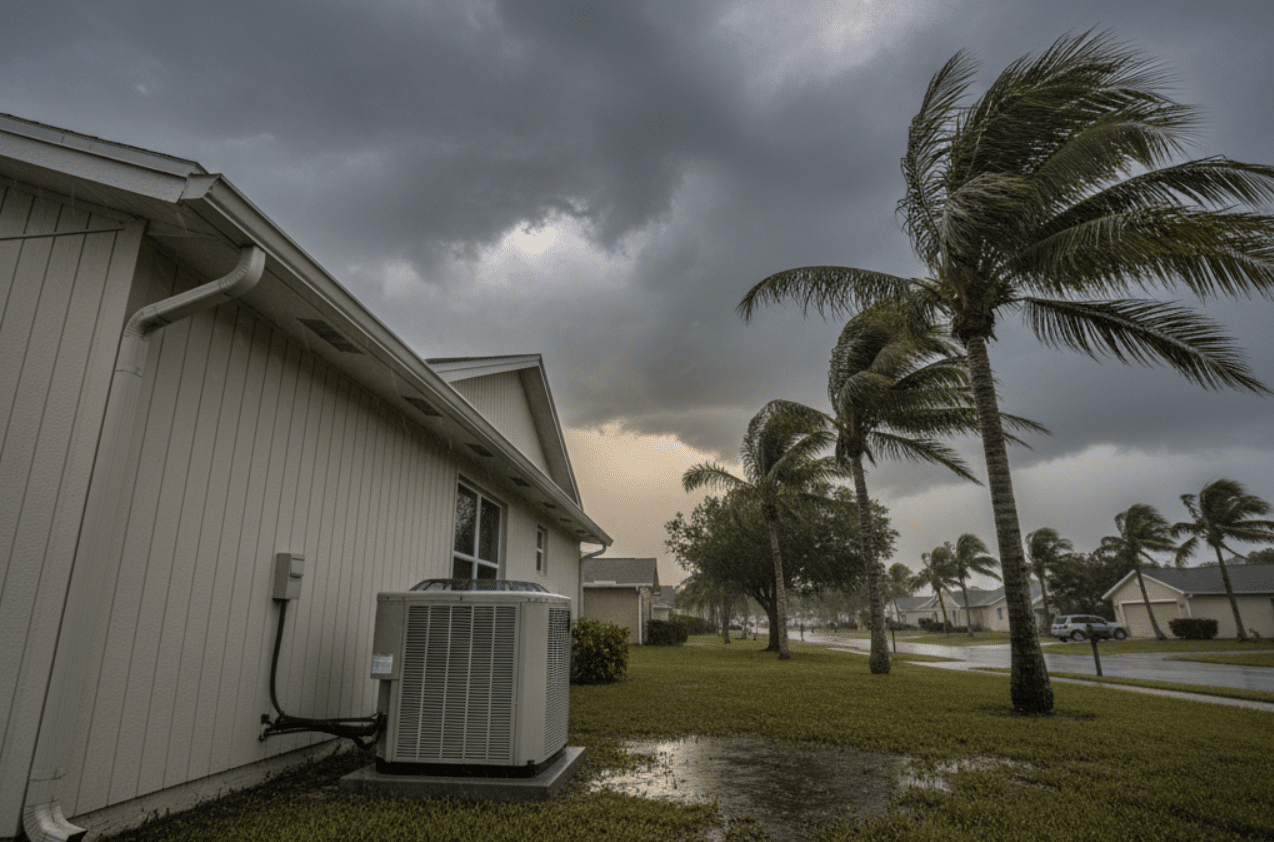 An outdoor shot of a suburban Florida home under a dramatic, stormy sky