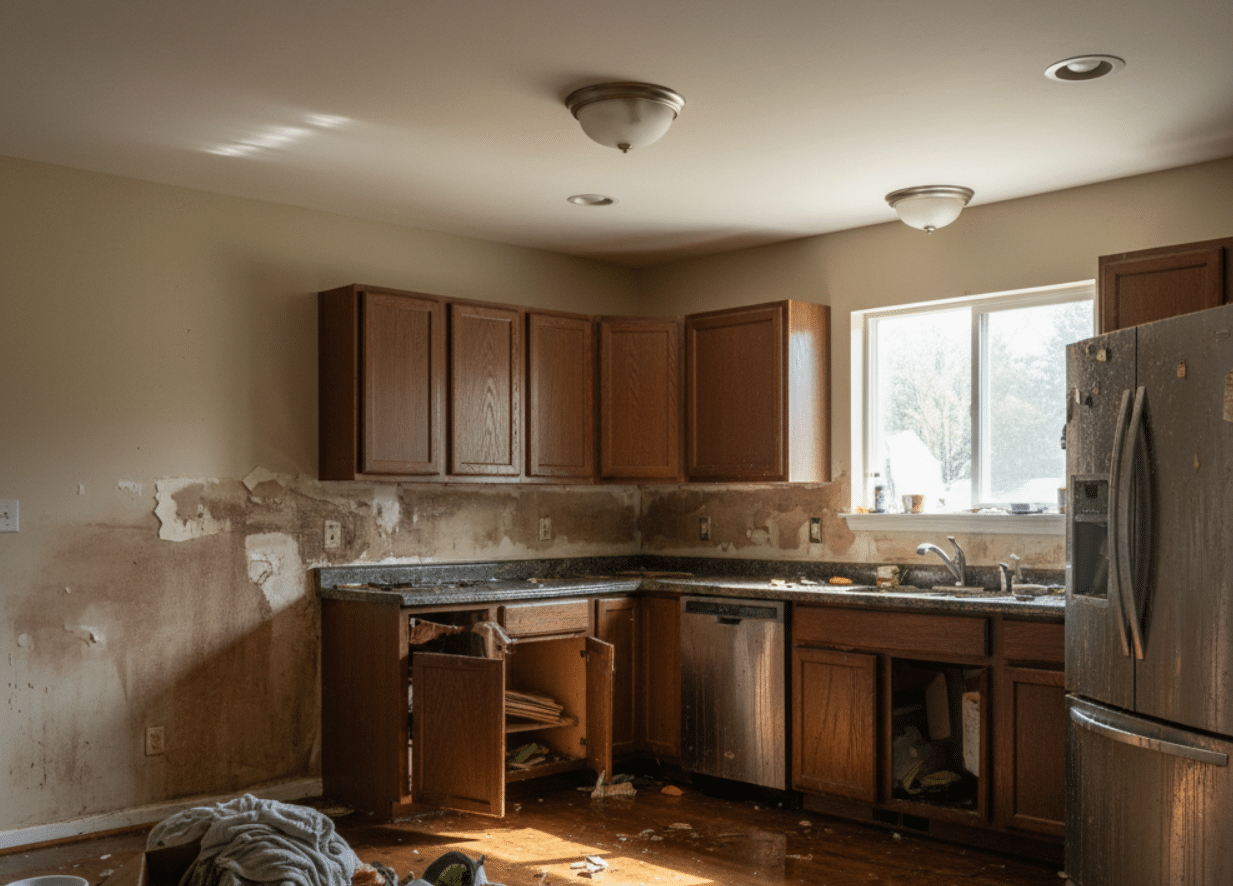 kitchen exposed to water damage in a home after flooding in kitchen
