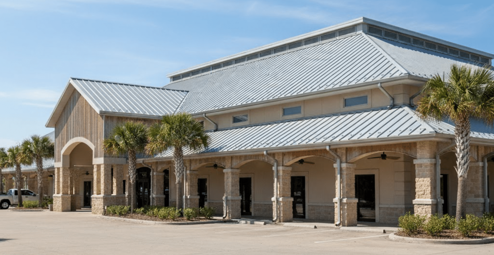 commercial building with a storm-resistant roof system
