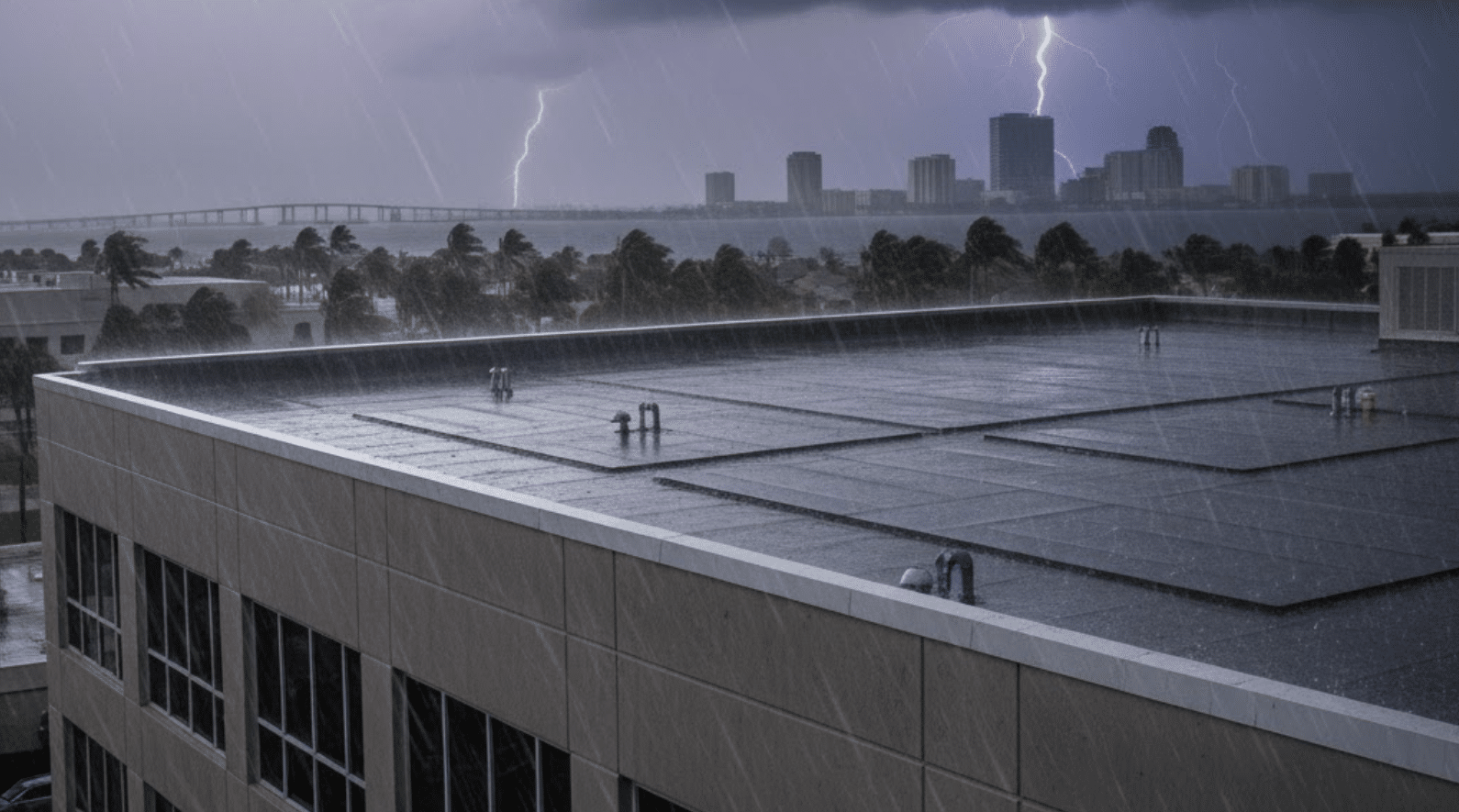 stormy weather scene with a commercial building in the foreground