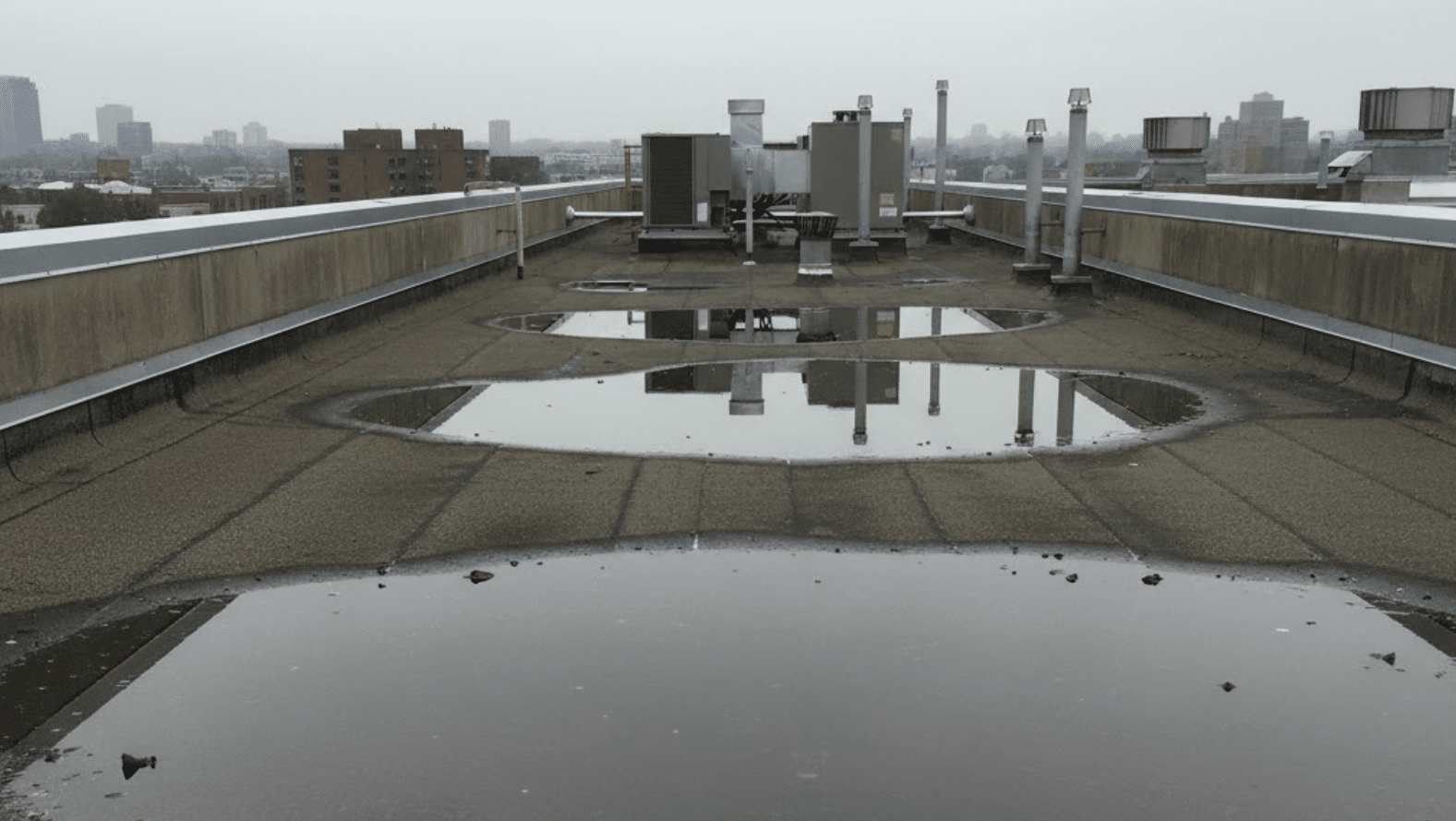 ponding on flat roof of commercial building