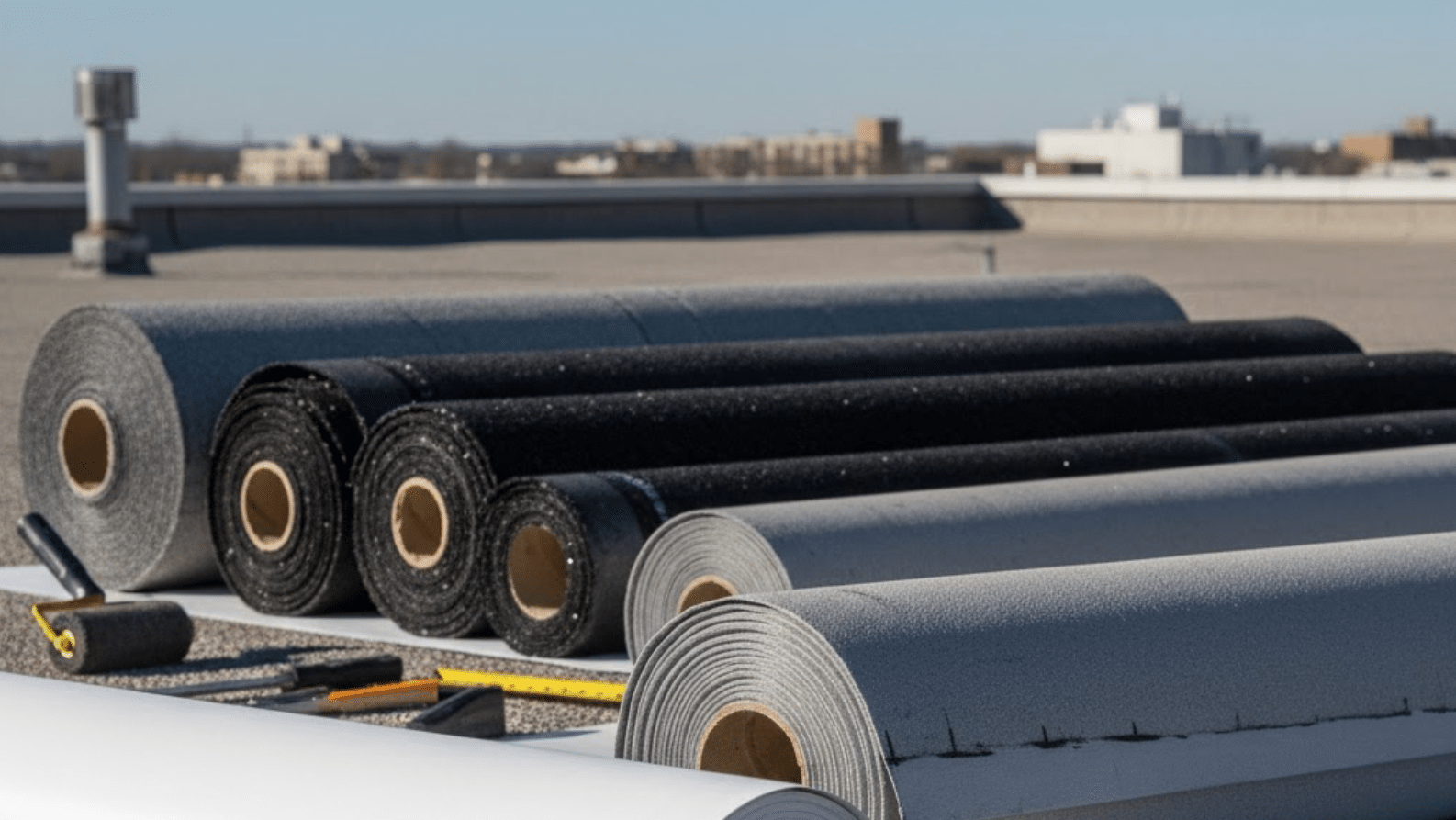 roofing materials such as TPO, PVC, and modified bitumen rolls neatly arranged on a flat rooftop