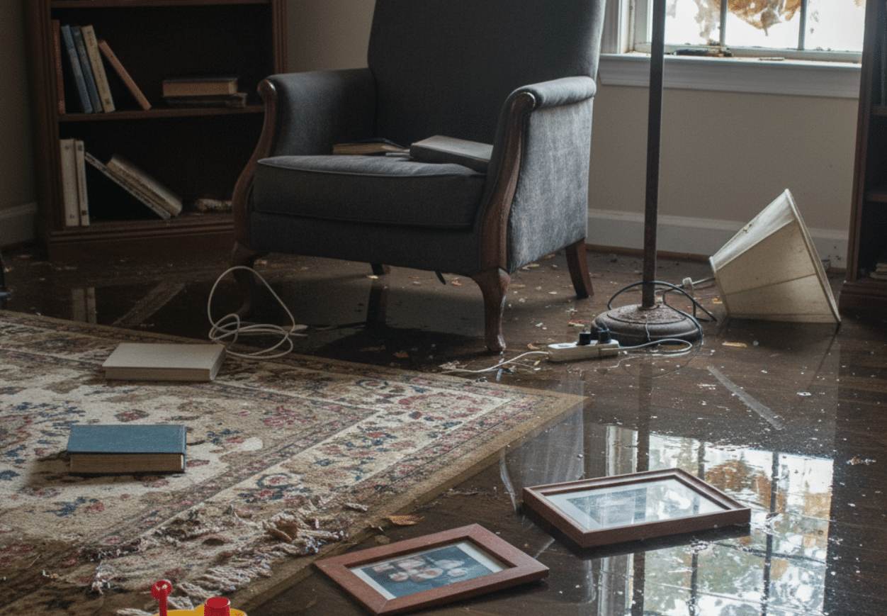 standing water in a living room after flooding, with items submerged, representing emergency response services in Florida