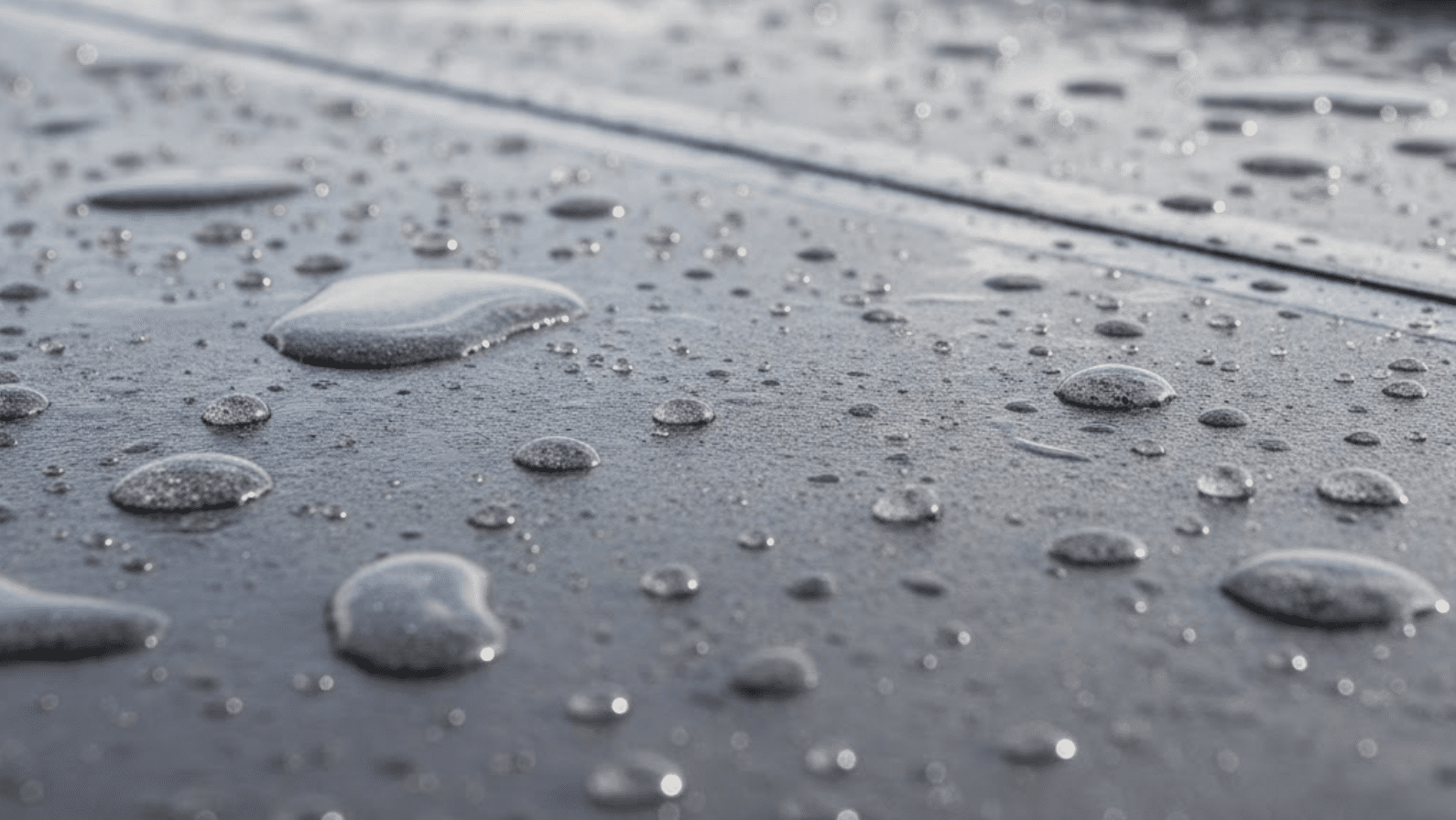 close-up of water droplets rolling off a waterproofed commercial roof surface after rainfall