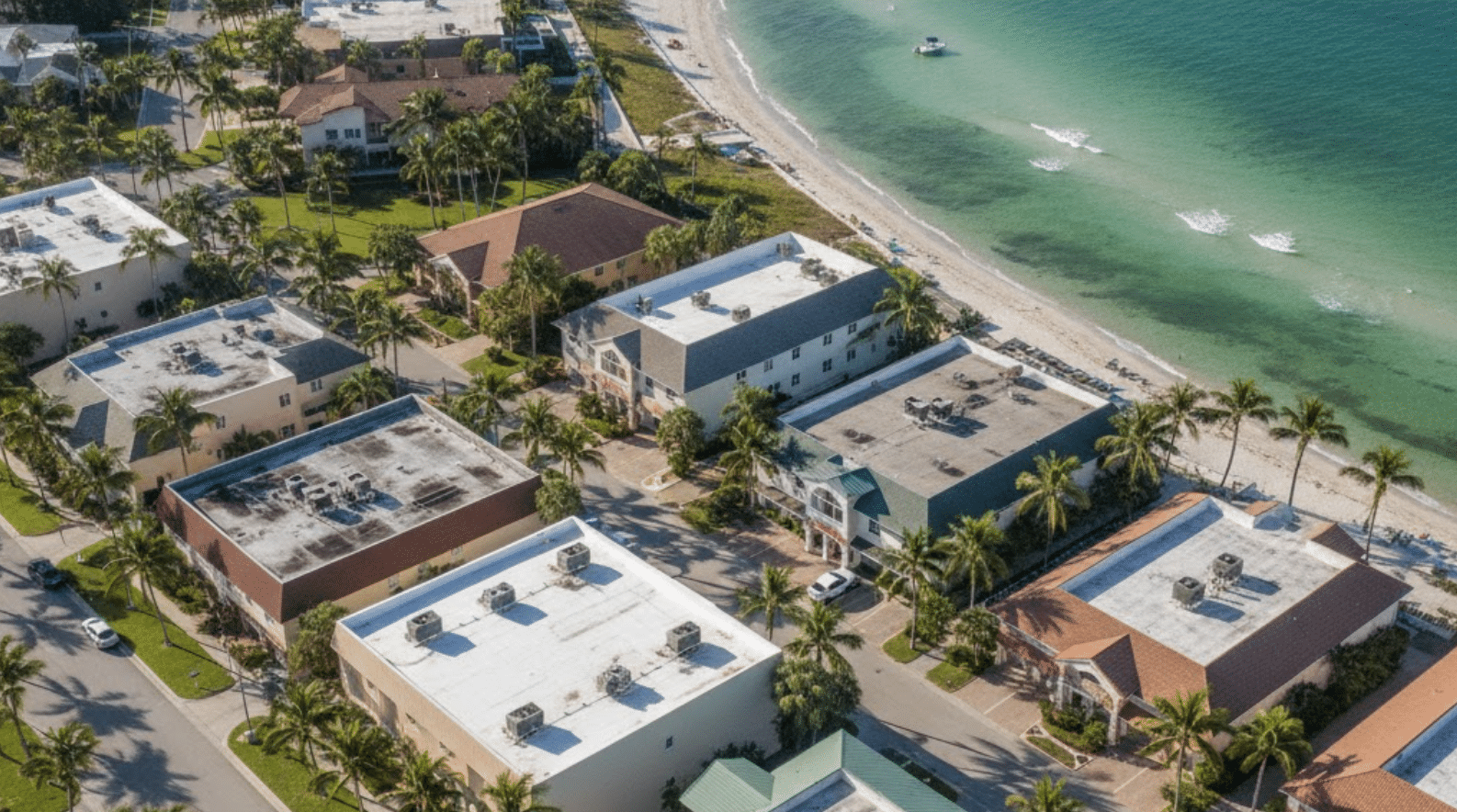 aerial shot of various roofs near the coastline