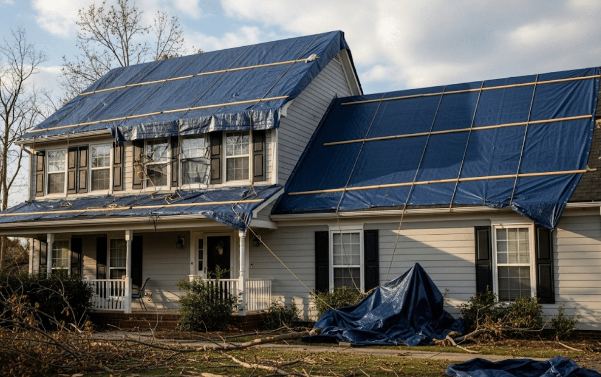 Residential home exterior with blue emergency roof tarp secured after a storm