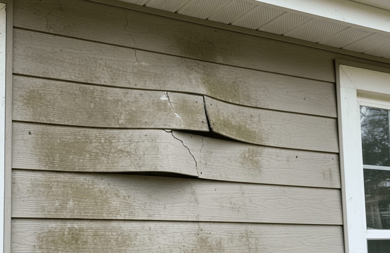 home exterior showing warped and cracked siding panels with visible water stains and weather wear
