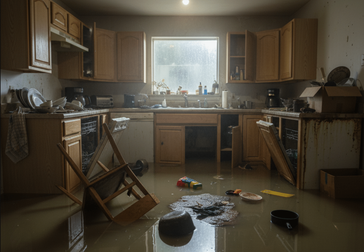 A kitchen completely flooded after a water leak or storm, showing the extent of water damage.