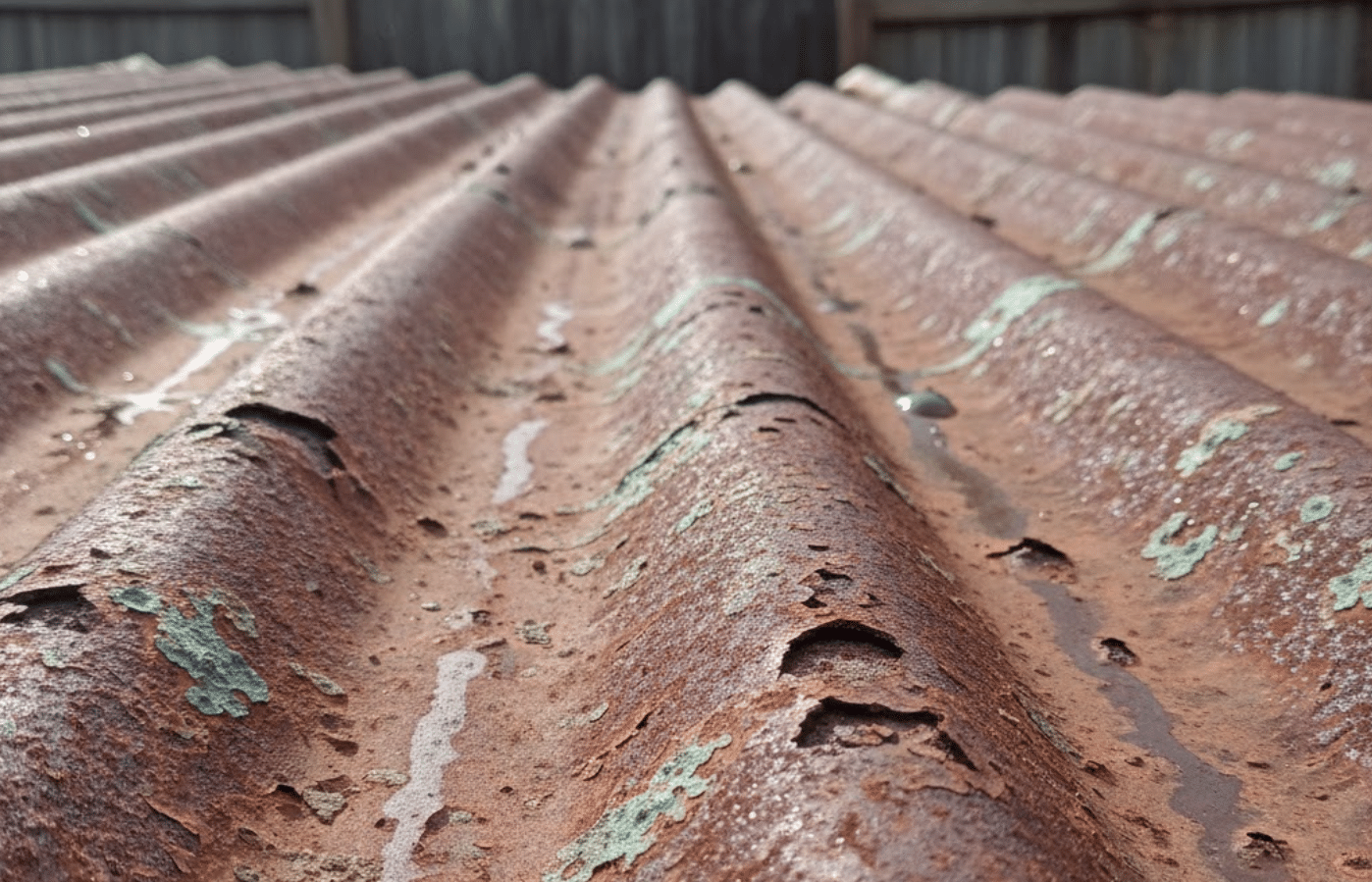 metal roof panel with visible rust and corrosion spots