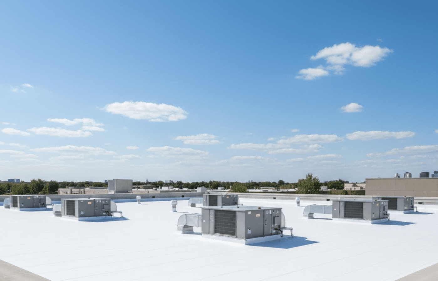 commercial building rooftop, representing a completed roof replacement