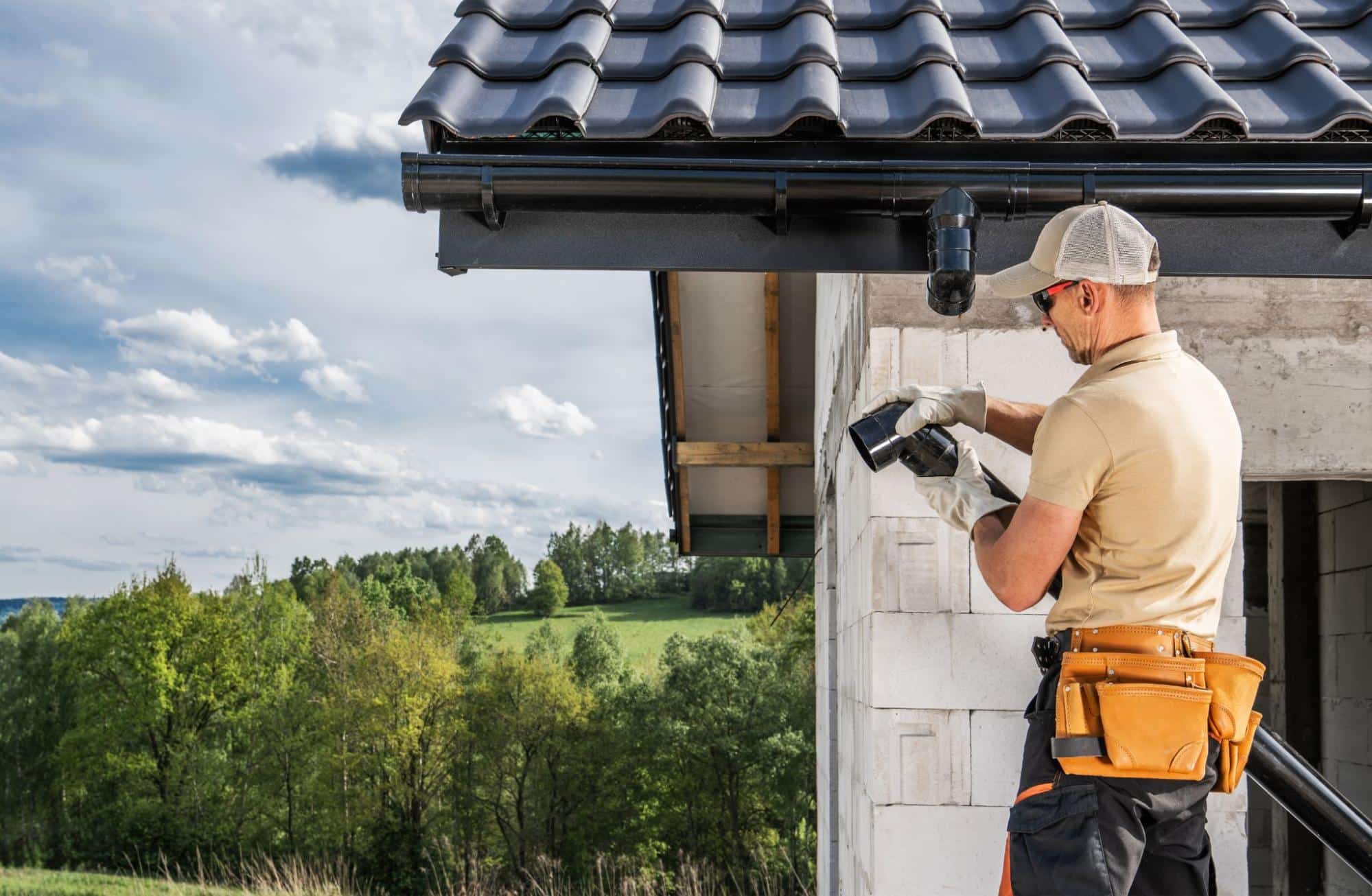 worker installing roof gutter
