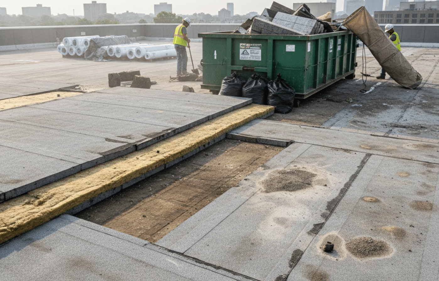 roof tear-off scene with exposed insulation layers and debris neatly contained for disposal