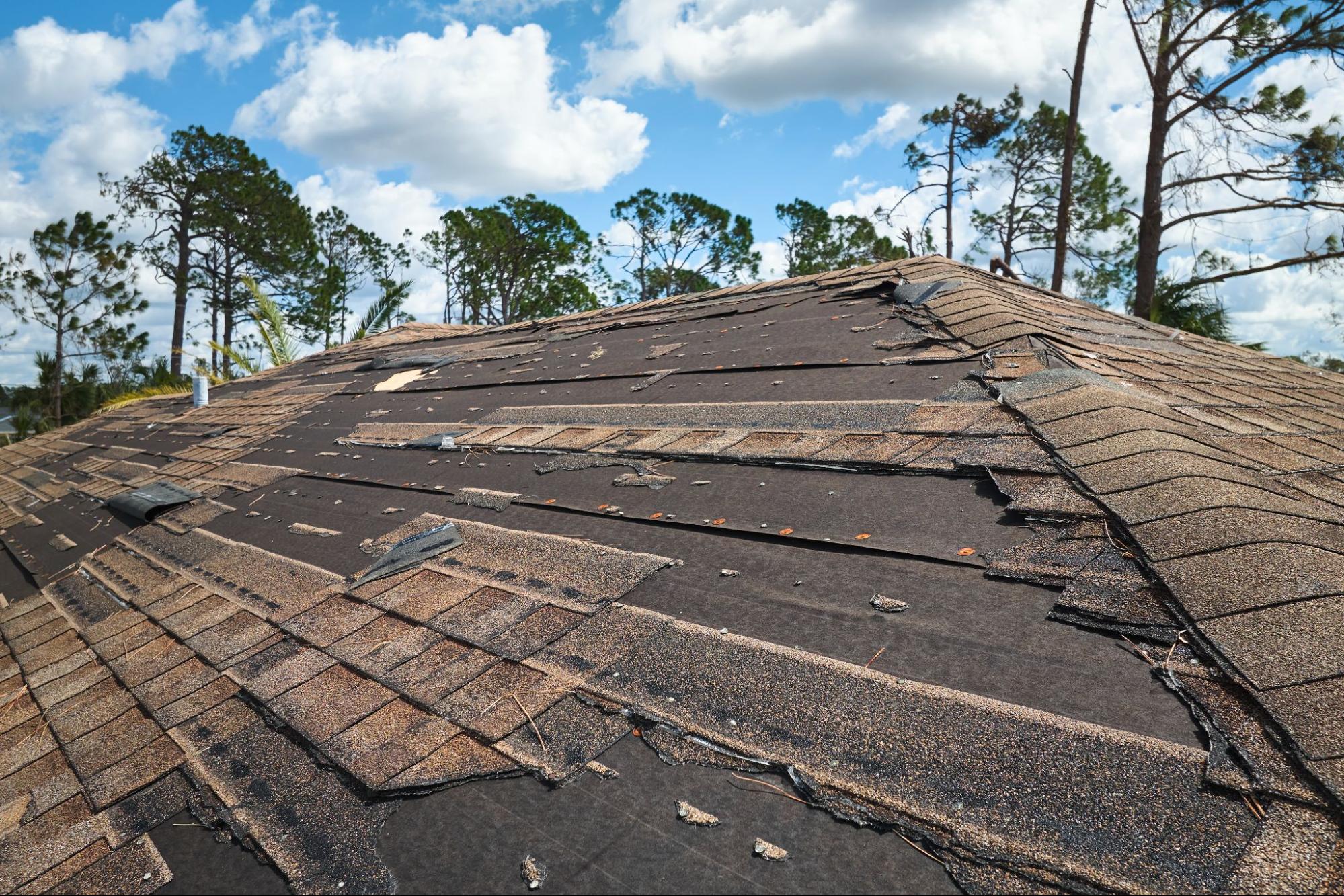 hurricane-damaged roof, requiring storm damage roof repair