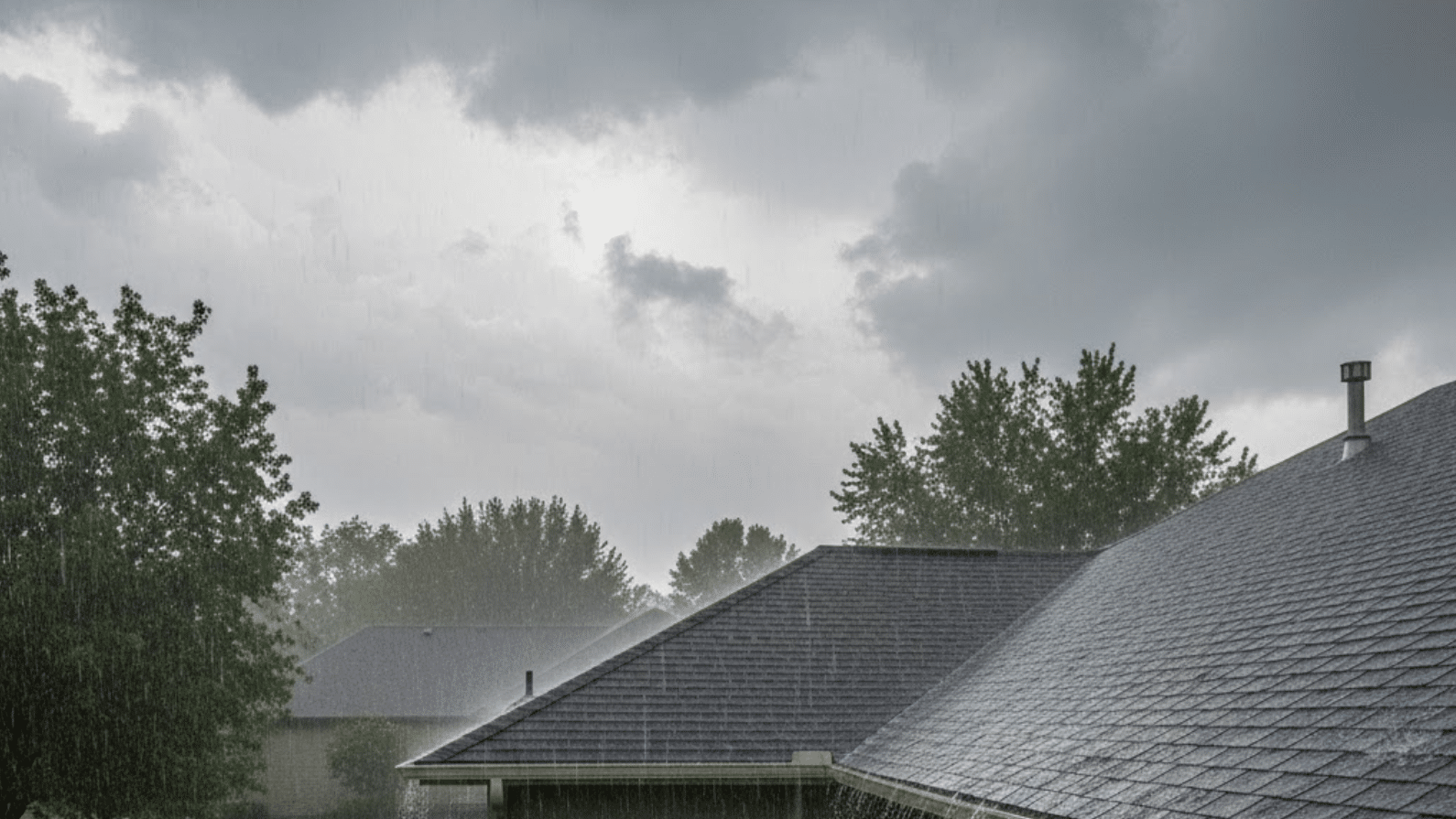 roof during a rainstorm, showing water running off shingles and dark clouds overhead