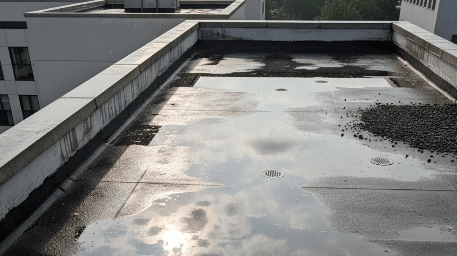 flat roof after heavy rain with shallow ponding water