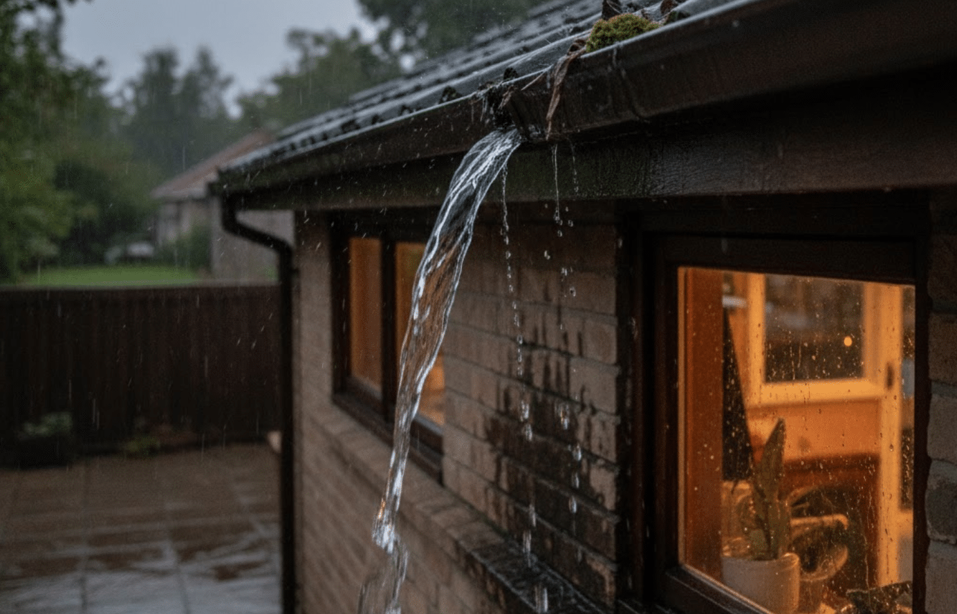 roof gutter leaking, representing the curiosity behind asking, “Why are my gutters leaking?”