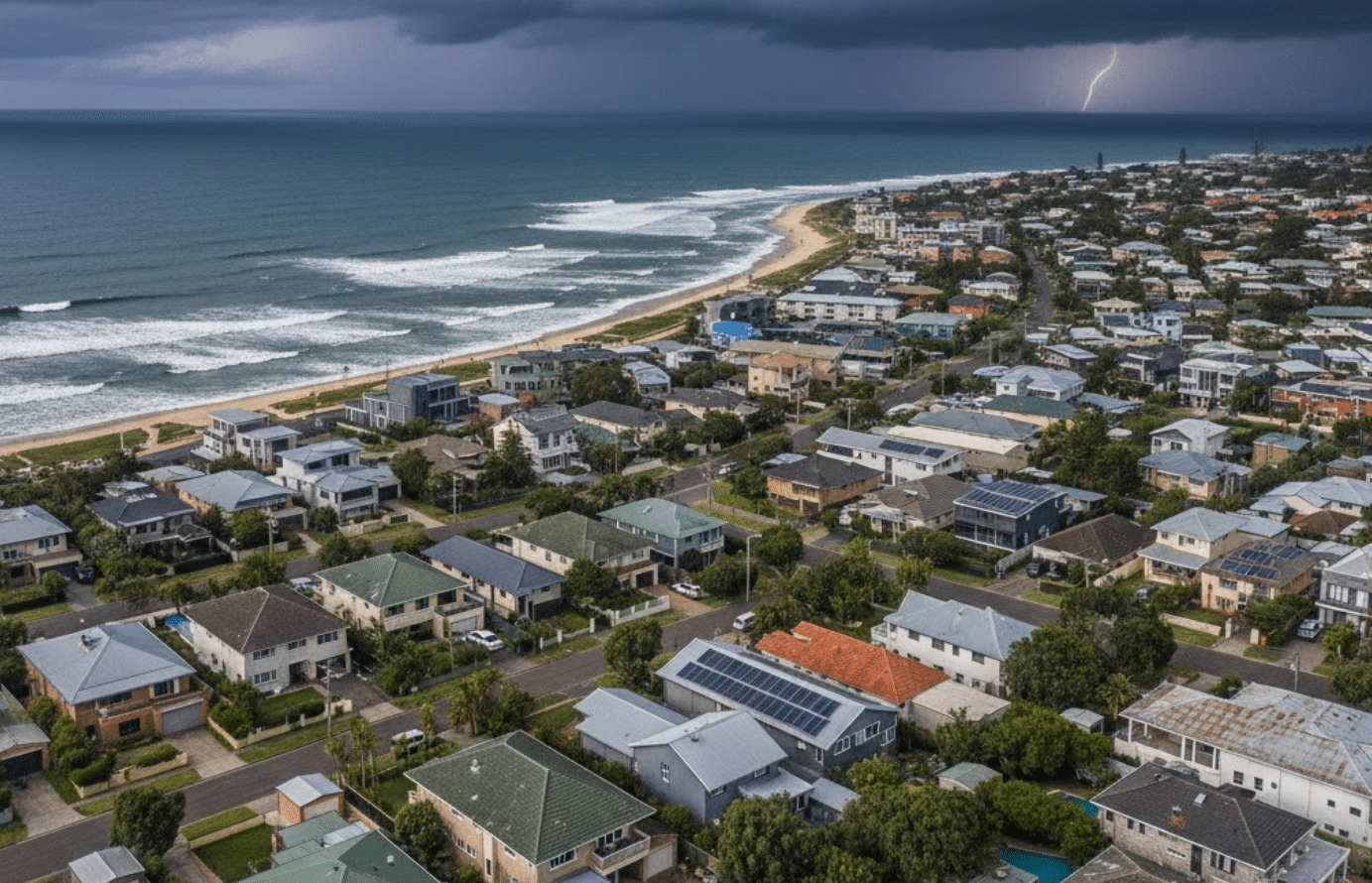 coastal neighborhood with varied roof types under cloudy, storm-approaching skies, representing the question “Will my roof survive a hurricane?”